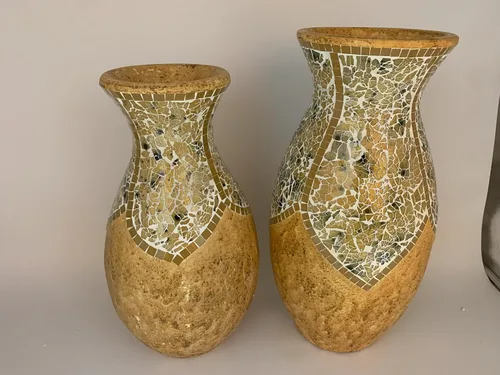 Miniatura 8 de Jarrón de mosaico de 18 pulgadas, cilindro alto hecho de terracota con piezas de mosaico de vidrio amarillo tostado, pieza decorativa hecha a mano