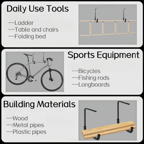 Miniatura 5 de 4 ganchos de garaje montados en el techo, estante de almacenamiento de garaje superior, perchas de escalera para herramientas de bicicleta de madera