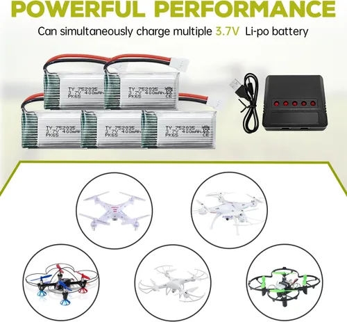 Miniatura 6 de Batería de litio de 5 piezas de 3.7 V 400 mAh con cargador 5 en 1 para SYMA Q11 H99W H31 H6C H98 AT-96 TR-C385 TR-P51 TR-F22 Quadcopter Piezas