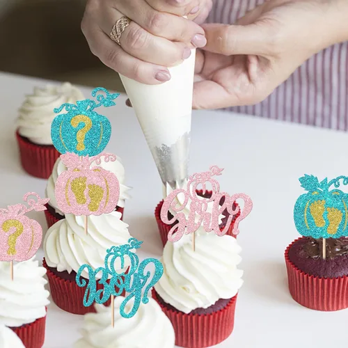 Miniatura 5 de Paquete de 24 adornos para cupcakes de calabaza para niños o niñas, con purpurina para revelación de género, calabaza, pies de bebé, para baby