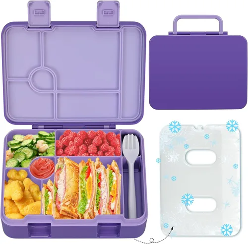 Miniatura 11 de Fiambrera Bento para niños con paquete de hielo, caja Bento a prueba de fugas de 5 compartimentos con utensilios, capacidad de 5.5 tazas
