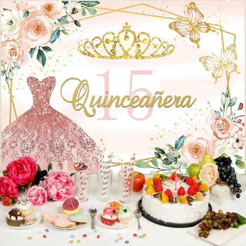 Miniatura 3 de Telón de fondo de quinceañera para cumpleaños número 15, vestido de princesa rosa, telón de fondo de quinceañera para niña dulce, corona dorada