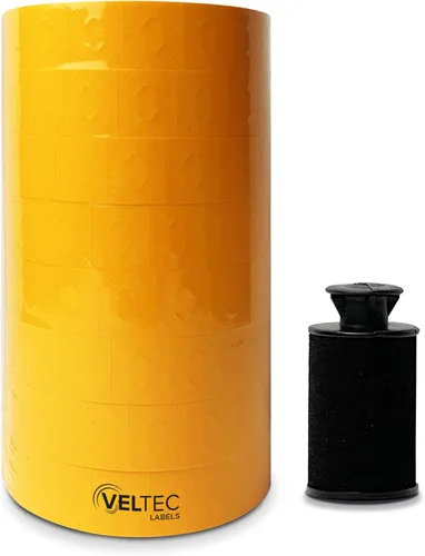Veltec Etiquetas de precios para etiquetadora Monarch 1136, 8 rollos, 14,000 etiquetas de dos líneas, rodillo de tinta incluido (verde)