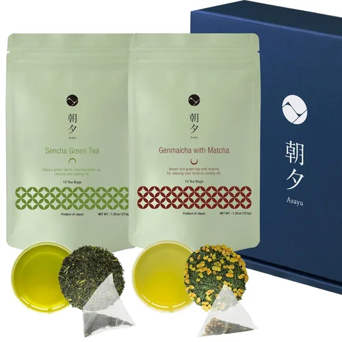 Asayu Japan Té verde, set de regalo Green Boost, sencha japonés y genmaicha con polvo matcha, fabricado en Japón, 30 bolsas de té, té de arroz