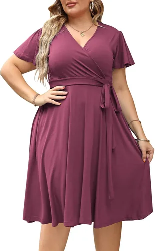 Nemidor Vestidos de Talla Grande para Mujeres Curvy Vestido Casual de Verano con Cuello en V y Manga Corta Midi de Cocktail Vintage con Bolsillo
