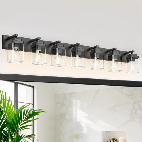 Miniatura 24 de Lámparas de baño de oro cepillado, 4 luces de baño sobre el espejo, diseño cuadrado y placa trasera grande rectangular, accesorios de iluminación