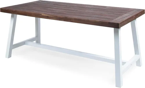 Miniatura 7 de Mesa de comedor de madera de chorro de arena marrón oscuro al aire libre con metal rústico blanco e