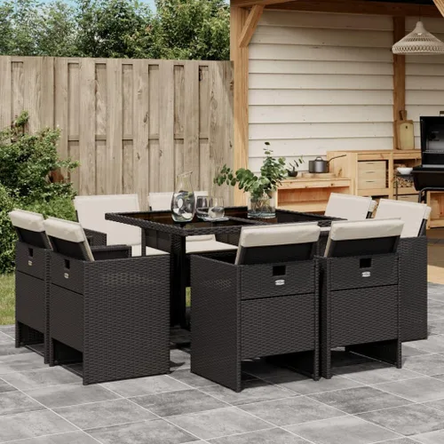 9 Piece Patio Dining Set with Cushions Black Poly Rattan Outdoor Furniture Set for Garden Backyard Balcony Porch