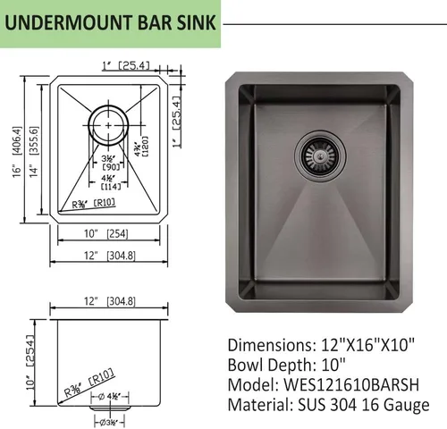 Miniatura 4 de Fregadero de barra negra de 12 pulgadas para montaje bajo montaje, fregadero de cocina pequeño de 12 x 16 pulgadas, fregadero de barra húmeda