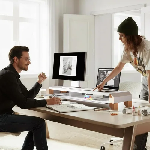 Miniatura 8 de Fenge Soporte de monitor para escritorio, elevador de monitor doble de 39 pulgadas para 2 monitores, estante de escritorio de madera maciza