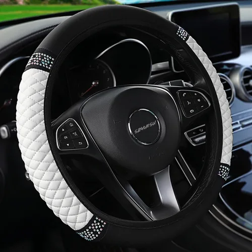 Miniatura 15 de Funda para volante de cuero suave brillante de 15 pulgadas con diamantes de imitación con brillos para mujeres y niñas – Accesorio elástico