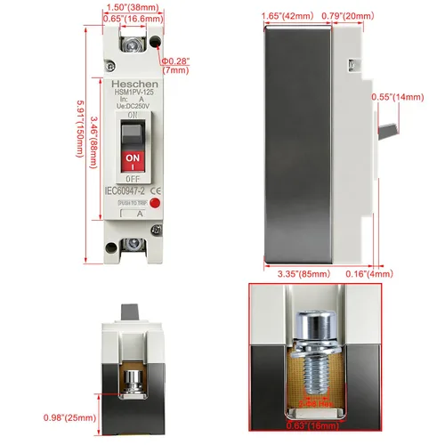 Miniatura 2 de Heschen 63A DC250V, disyuntor de caja moldeada CC MCCB, 1 polos, HSM1PV-125, disyuntor fotovoltaico, para sistema solar fotovoltaico sistema de red