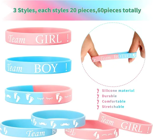 Miniatura 3 de Hicarer 60 pulseras de goma de silicona para baby shower, decoración de revelación de género, regalos, suministros de fiesta, juegos de suministros