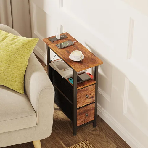 Miniatura 7 de TRIFEBLE Mesa auxiliar con estación de carga, mesa auxiliar estrecha con 2 cajones de tela, mesita de noche delgada con luz LED, mesita de noche