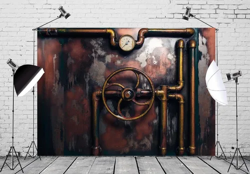 Miniatura 2 de BELECO Telón de fondo de fotografía Steampunk retro oxidado, de 5 x 3 pies, tubos de vapor de metal viejo, medidor de presión, fondo de máquina
