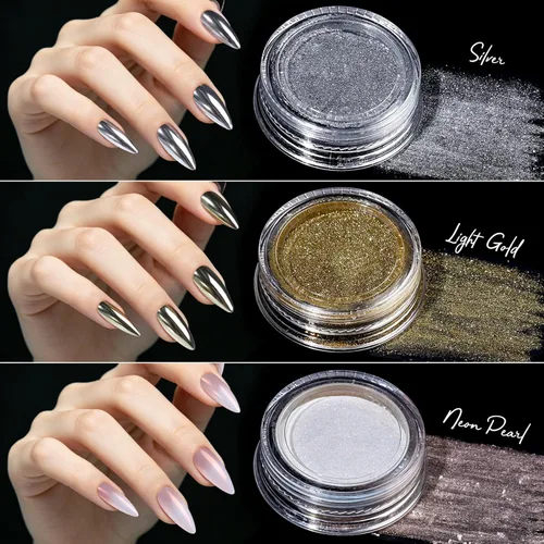 Miniatura 6 de Teenitor Juego de polvos de uñas cromados con dijes de uñas, polvo cromado plateado para uñas, polvo cromado de perlas de neón, gemas y perlas