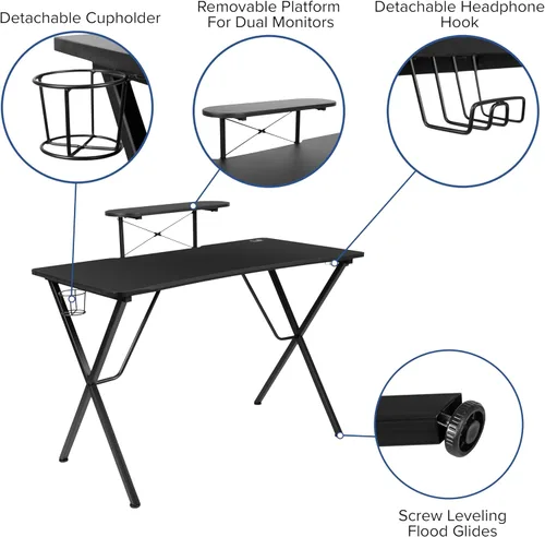 Miniatura 4 de Flash Furniture Juego de escritorio para juegos negro y silla de carreras blanco/negro con soporte para tazas, gancho para auriculares y soporte