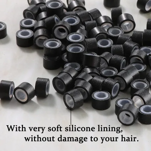 Miniatura 2 de 2500 piezas de cuentas de extensión de 5 mm negras, anillos micro con revestimiento de silicona, microenlaces punta I para extensiones de cabello