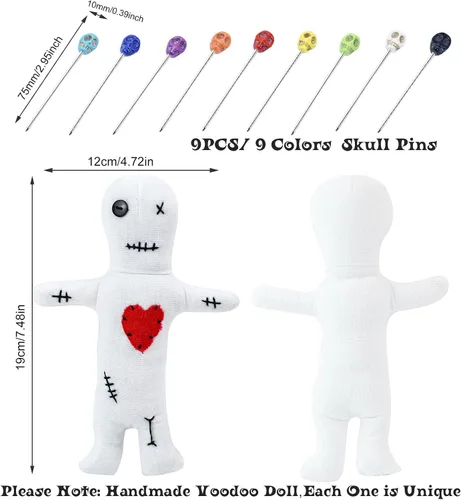 Miniatura 2 de Kit de 10 muñecas de vudú, muñecas de vudú reales con 9 pines de calavera, espeluznante, fantasma, hechizos de venganza, muñeca vudú, muñeca