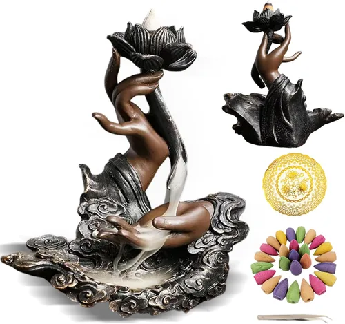 Lotus - Quemador de incienso de reflujo, soporte de cono de cerámica, fuente de cascada de incienso, soporte de incienso con 60 conos de incienso de
