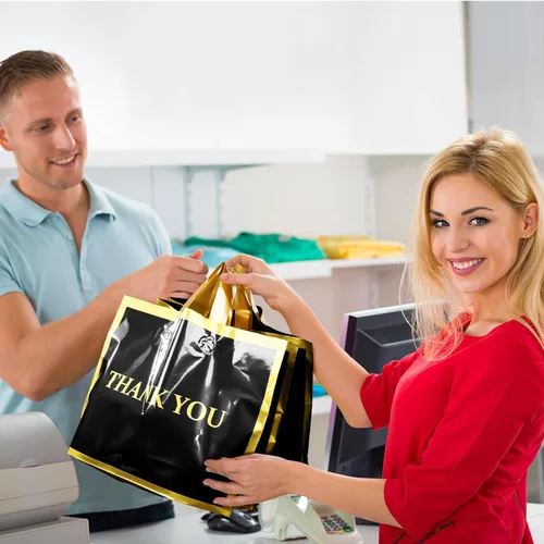 Miniatura 7 de Sweetude 200 bolsas de plástico negras de agradecimiento con asa de 12 x 15 pulgadas, bolsas de mercancía para tiendas de regalos de pequeñas