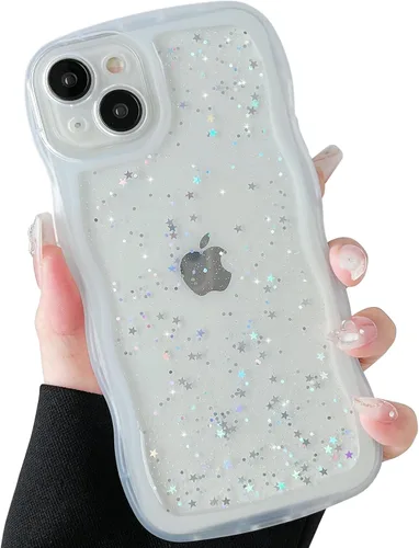 Miniatura 41 de Qokey Funda para iPhone 12 Pro Max de 6.7 pulgadas, diseño de onda rizada, borde transparente, brillante con purpurina, estrella brillante, bonita