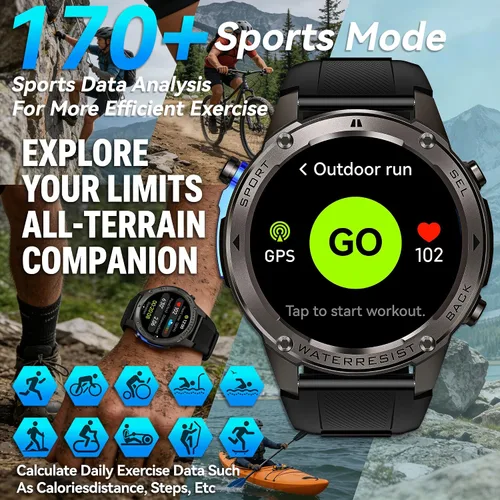 Miniatura 8 de Reloj inteligente con GPS para hombre, reloj inteligente militar resistente, brújula, resistente al agua hasta 164.0 ft, batería grande de 500 mAh
