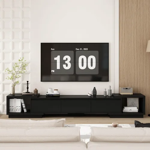 Mesa Consola de TV Extensible Moderna Gabinete de TV con Cajones, Mesa Consola de Almacenamiento de Medios Contemporánea para Sala de Estar Negro