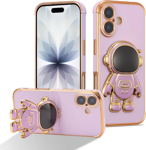 Miniatura 20 de RALEAVO Funda para iPhone 13, bonita funda de astronauta 6D con función de soporte, cubierta de enchapado de lujo, ajuste delgado, TPU suave, Púrpura