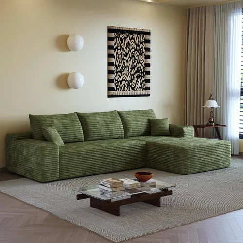 Miniatura 18 de Sofá seccional sin costuras de 108" en forma de L para sala de estar, cómodo sofá de corduroy con chaise, amplios reposabrazos, asiento profundo