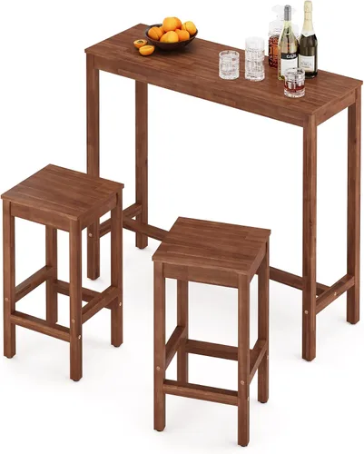 Miniatura 11 de Taburetes de bar de 26 pulgadas, juego de 2 sillas de bar, asiento de encimera de cocina con reposapiés, taburetes de madera de acacia para comedor
