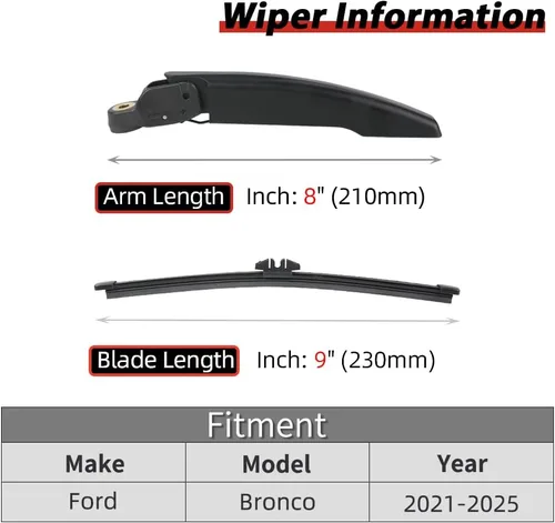 Miniatura 2 de OTUAYAUTO Reemplazo del limpiaparabrisas trasero para Ford Bronco 2021-2025 Conjunto de brazo y escobilla del limpiaparabrisas trasero