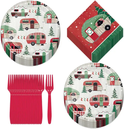 Miniatura 8 de Suministros para fiestas navideñas - Platos de postre de papel, servilletas para bebidas y tenedores de aldea navideña de invierno (para 16 personas)