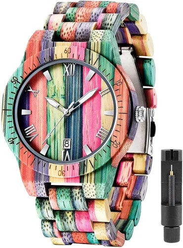 Tiong Brand Wooden Watches Mens with Handmade Colorful Bamboo Wood Watch Analog Date Quartz Wooden Watch for Men