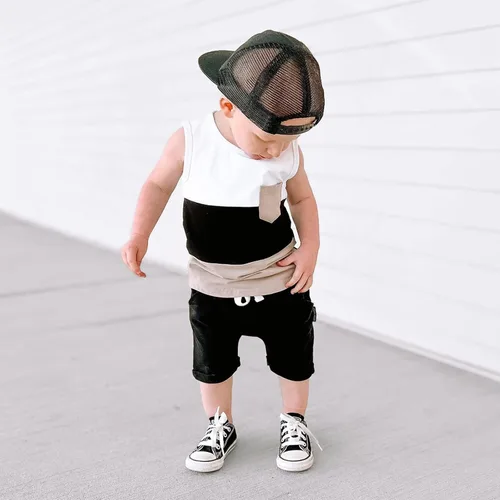 Miniatura 2 de yuhappy Conjunto de 2 piezas de ropa de verano para bebé, sin mangas, con bolsillo, camiseta sin mangas y pantalones cortos, ropa casual