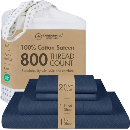Miniatura 22 de Threadmill - Juego de sábanas de lujo de 800 hilos, tamaño matrimonial, 100 % algodón, tejido satinado azul folkstone, mejor que el algodón egipcio