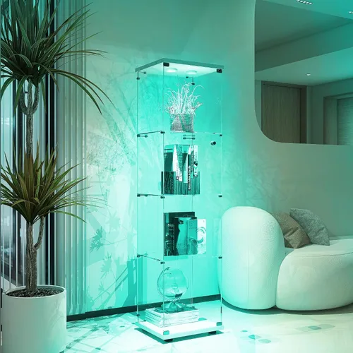 Miniatura 6 de Vitrina de cristal con luces y cerradura, vitrina Curio de 4 niveles con puerta de cristal, escaparate de pie para sala de estar, dormitorio, Blanco