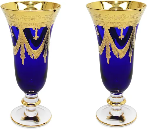 Italia, Copas de champán de cristal azul cobalto, diseño vintage, oro de 24 quilates decoradas a mano, 9 onzas, juego de 2