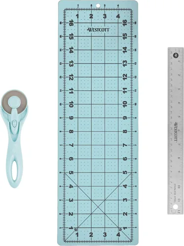 Westcott Juego de manualidades de 3 piezas, cortador giratorio de 1.772 in para tela, alfombrilla de corte y regla (14798)