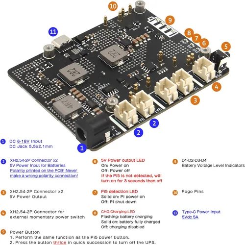 Miniatura 3 de Geekworm X1203 5V UPS Placa de expansión para Raspberry Pi 5 Salida máxima de 5.1V 5A Entrada ancha de 6-18 V Encendido automático Apagado
