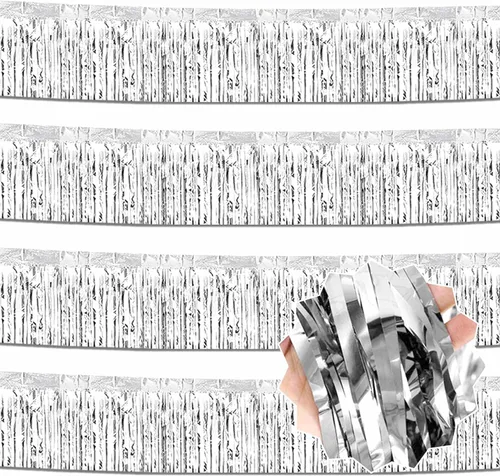 Miniatura 24 de Paquete de 4 guirnaldas de flecos de papel de aluminio negro de 10 pies con serpentinas metálicas de oropel para colgar en la pared, guirnalda