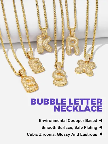 Miniatura 3 de Richsteel Collar brillante de circonita cúbica con letras de burbujas para hombres y mujeres, chapado en oro de 18 quilates, joyería con monograma