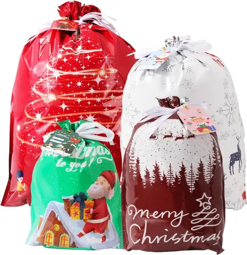 Bolsas de regalo de Navidad con cordón, 20 bolsas de Navidad de varios tamaños para regalos, bolsas de plástico a granel, bolsas de regalo de