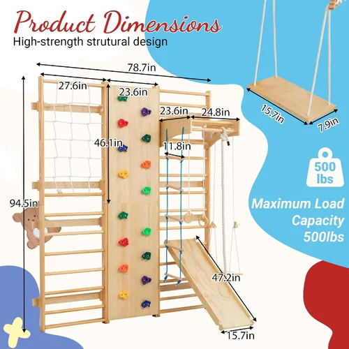 Miniatura 5 de escalera sueca 10 en 1 para interiores, gimnasio de la selva para niños de 3 a 12 años, 227 KG, juego de escalada de madera montado en la pared
