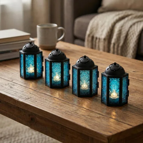 Miniatura 8 de VELA LANTERNS - Juego de 4 linternas para velas tea light, estilo mini marroquí, de 4.25" de tamaño pequeño, decorativas para mesa o colgar, metal