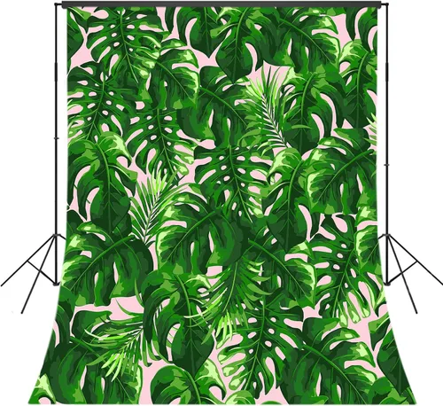 Miniatura 6 de Fondo de fotografía de plantas de hojas verdes primaverales de 3 x 5 pies, Monstera y hoja de palma sobre fondo beige para fotografía, fondo