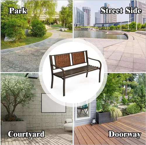 Miniatura 7 de S AFSTAR Banco de jardín al aire libre, asiento de metal para porche con asiento y respaldo decorativo, sofá biplaza para 2 personas para patio