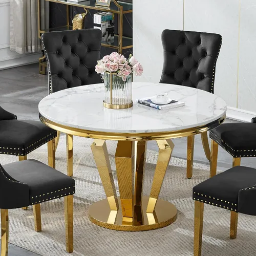 Miniatura 23 de Mesa de comedor de mármol negro para 4, 6, 70 pulgadas, moderna mesa de comedor de cocina dorada con base de acero inoxidable con diseño