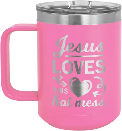 JESUS LOVES THIS HOT MESS Taza de café rosa de 15 onzas con tapa deslizante | Taza de café de viaje aislada | Ideas de regalo únicas de mujeres u