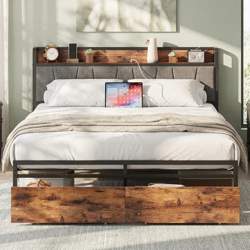 Miniatura 20 de LIKIMIO Base de cama tamaño King, cabecera de almacenamiento con estación de carga, cama de plataforma con cajones, no necesita somier, fácil Marrón